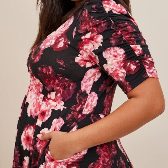 Torrid Cinch Front Skater Mini Dress Bodycon Puff Sleeve Pink Floral Siz… - Picture 4 of 8